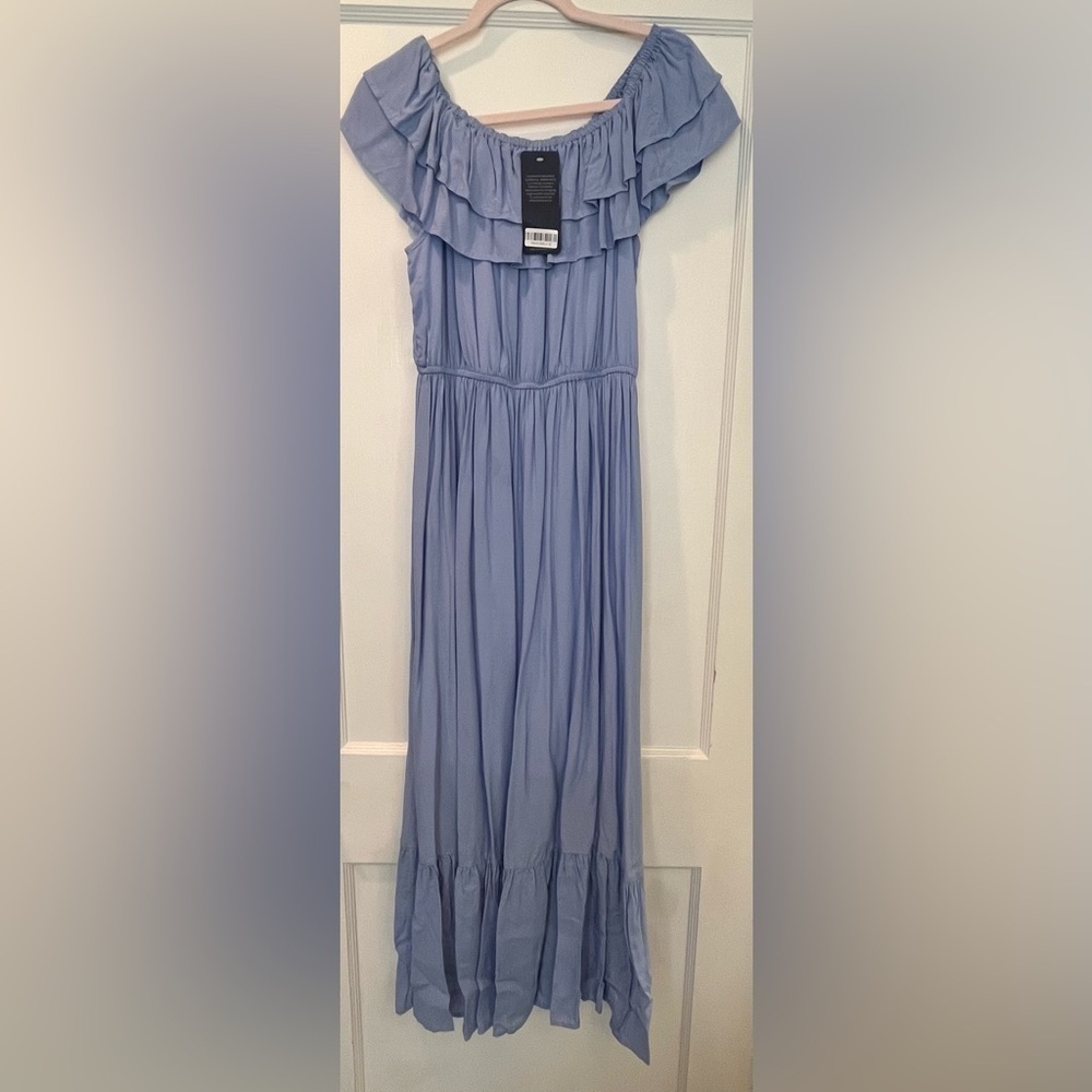 Off-Shoulder Light Blue Ruffled Maxi Dress - Picture 8 of 8